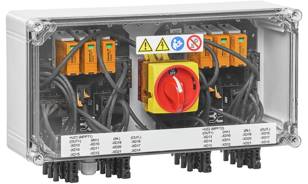 Coffret DC Weidmuller Next 1000 V, 2 MPPT, 3 entrées / 3 sorties par MPPT, Sans porte-fusible, Protection Surtension I et II, Interrupteur-sectionneur,  MC4